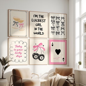 Set di stampe con fiocco Coquette nero e rosa, 8 palline di ciliegio da parete, stampa Lucky Girl, decorazione per dormitori universitari per ragazze, stampa murale con carta rosa Ace