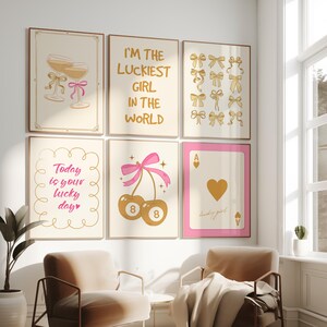 Juego de pósteres con lazos dorados y rosados, arte de pared con 8 bolas de cerezas, síndrome de la chica afortunada, arte de pared para apartamentos femeninos, carta Ace rosa, para decoración de dormitorios