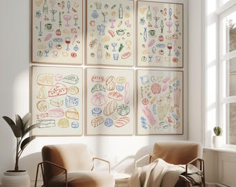 Láminas de cocina imprimibles para pared (juego de 6), ilustraciones de cócteles y comida dibujadas a mano, pósteres minimalistas coloridos, estampado de sardinas