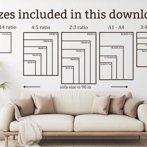 Puede incluir: Un diagrama que muestra diferentes tama&ntilde;os de impresi&oacute;n para descargas digitales. Los tama&ntilde;os se muestran en pulgadas e incluyen las proporciones 11:14, 4:5, 2:3, A1-A4 y 3:4. El texto "sofa size is 90 in" tambi&eacute;n est&aacute; incluido.