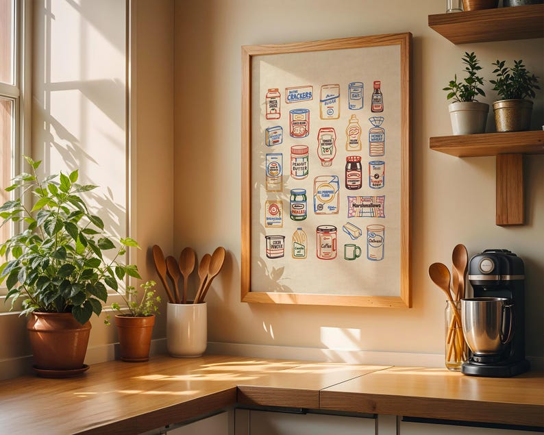 May include: A framed print featuring colorful illustrations of various food products, including crackers, peanut butter, and coffee. The artwork is displayed in a kitchen setting, alongside potted plants, wooden spoons, and a coffee maker. The print has a wooden frame.
