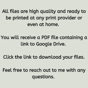 Puede incluir: Texto sobre un fondo blanco que dice: "Todos los archivos son de alta calidad y est&aacute;n listos para imprimirse en cualquier proveedor de impresi&oacute;n o incluso en casa. Recibir&aacute;s un archivo PDF que contiene un enlace a Google Drive. Haz clic en el enlace para descargar tus archivos. No dudes en ponerte en contacto conmigo si tienes alguna pregunta."