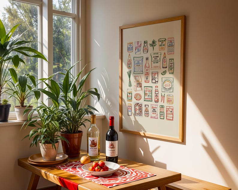 May include: A dining room scene featuring a wooden table with a red and white patterned runner. A framed print of illustrated food items hangs on the wall. Two bottles of wine, a bowl of tomatoes, and potted plants are on the table.