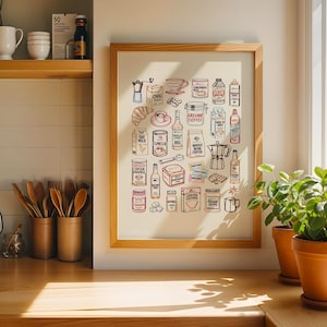 May include: A framed wall art print featuring a collection of illustrated coffee and cafe items, including a moka pot, coffee beans, milk cartons, syrup bottles, sugar packets, and various coffee-related ingredients in a colorful, line-art style.
