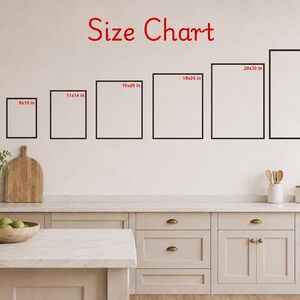May include: A size chart with six framed rectangular prints of varying sizes, labeled in inches. The largest frame is 24x36 inches, and the smallest is 8x10 inches. The text "Size Chart" is written in red cursive at the top.