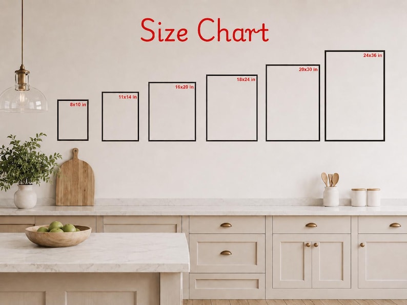 May include: A size chart with six framed rectangular prints of varying sizes, labeled in inches. The largest frame is 24x36 inches, and the smallest is 8x10 inches. The text "Size Chart" is written in red cursive at the top.