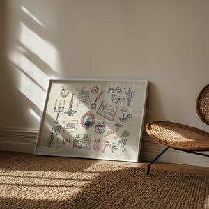 May include: A framed print featuring a collection of hand-drawn illustrations. The artwork includes a clock, books, a portrait, a teacup, a key, and other vintage-inspired elements. The color palette is soft, with beige, brown, and touches of blue and red.