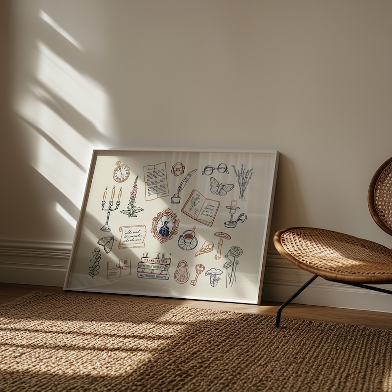 May include: A framed print featuring a collection of hand-drawn illustrations. The artwork includes a clock, books, a portrait, a teacup, a key, and other vintage-inspired elements. The color palette is soft, with beige, brown, and touches of blue and red.