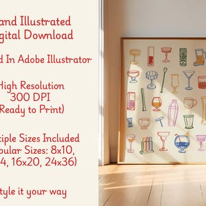 Op de afbeelding: Een ingelijste print met handgetekende cocktailglazen en bartools in een kleurrijke lijnkunststijl. De print bevat tekst: "Hand Illustrated Digital Download", "Created In Adobe Illustrator" en "Style it your way". Meerdere maten beschikbaar.