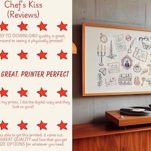 May include: A framed print with a collection of vintage-style illustrations, including a clock, candles, and books. The print is displayed above a wooden record player on a wooden cabinet. The text on the left side of the image says "Chef's Kiss (Reviews)" and includes customer reviews.