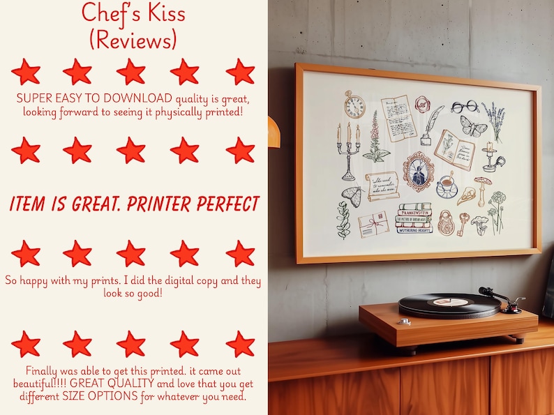 May include: A framed print with a collection of vintage-style illustrations, including a clock, candles, and books. The print is displayed above a wooden record player on a wooden cabinet. The text on the left side of the image says "Chef's Kiss (Reviews)" and includes customer reviews.