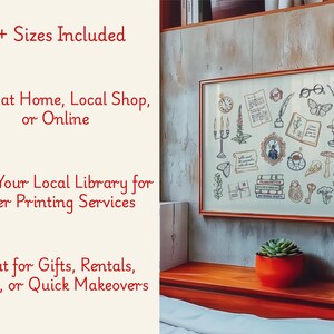 May include: A framed print with a collection of vintage-style illustrations, including a clock, books, and botanical elements. The frame is a warm reddish-brown. Text on the image reads "20+ Sizes Included" and "Print at Home, Local Shop, or Online."