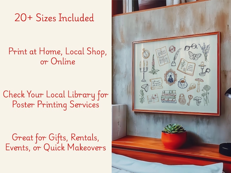 May include: A framed print with a collection of vintage-style illustrations, including a clock, books, and botanical elements. The frame is a warm reddish-brown. Text on the image reads "20+ Sizes Included" and "Print at Home, Local Shop, or Online."