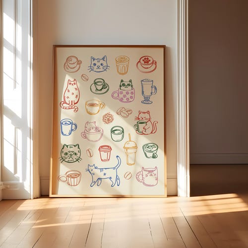 Impression d'art mural chats et café, décoration de café mignon, dessin au trait coloré, décoration de cuisine de bar-café, cadeau pour amoureux des chats, affiche de griffonnage expresso latte