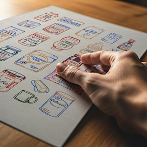 May include: A sheet of paper with colorful illustrations of various grocery items, including peanut butter, ketchup, and crackers. The illustrations are in a vintage style, with bold outlines and bright colors. A hand is touching the paper.