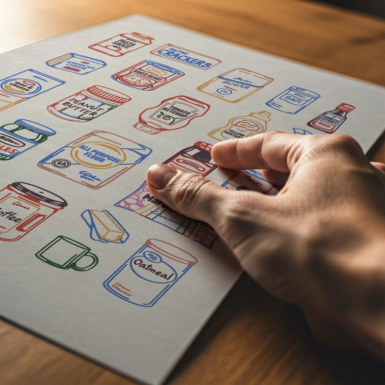 May include: A sheet of paper with colorful illustrations of various grocery items, including peanut butter, ketchup, and crackers. The illustrations are in a vintage style, with bold outlines and bright colors. A hand is touching the paper.