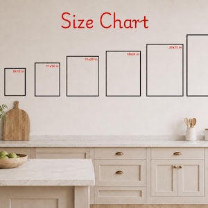May include: A size chart with six framed rectangular prints of varying sizes, labeled in inches. The largest frame is 24x36 inches, and the smallest is 8x10 inches. The text "Size Chart" is written in red script above the frames.