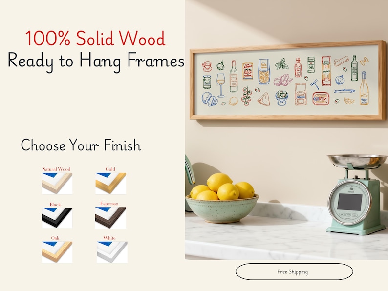 May include: A framed print with a light wood finish, featuring colorful illustrations of food items. The text "100% Solid Wood Ready to Hang Frames" is at the top. Below, options for frame finishes are shown: Natural Wood, Gold, Black, Espresso, Oak, and White.