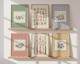 Conjunto de 6 láminas decorativas coreanas para pared, decoración de cocina coreana, paquete de láminas imprimibles para galería, arte de comida coreana, lámina con nudo Maedup.