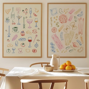 Pasta and Wine Dinner Party Set of 2, Printable Kitchen Art Print, Minimal Dining Room Decor, Spaghetti Wall Art, Digital Download