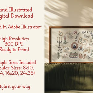 May include: A framed print featuring hand-illustrated vintage-style drawings of a clock, books, keys, and other objects. The text on the image reads "Hand Illustrated Digital Download" and "Style it your way."