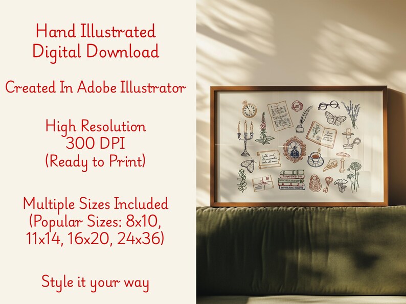 May include: A framed print featuring hand-illustrated vintage-style drawings of a clock, books, keys, and other objects. The text on the image reads "Hand Illustrated Digital Download" and "Style it your way."