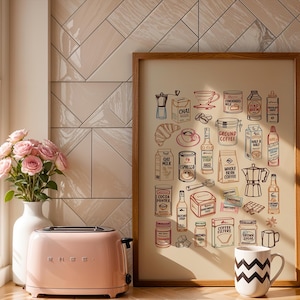 May include: A framed wall art print featuring a collection of coffee and cafe-related illustrations in red, blue, and black ink on a cream background, including items like a moka pot, coffee beans, syrups, milk cartons, and various coffee powders.