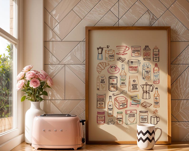 May include: A framed wall art print featuring a collection of coffee and cafe-related illustrations in red, blue, and black ink on a cream background, including items like a moka pot, coffee beans, syrups, milk cartons, and various coffee powders.