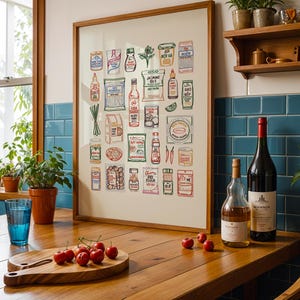 May include: A framed print of illustrated Asian food products hangs above a wooden table. A blue glass, a wooden cutting board with cherries, and two bottles of wine are on the table. Potted plants and a window are in the background.