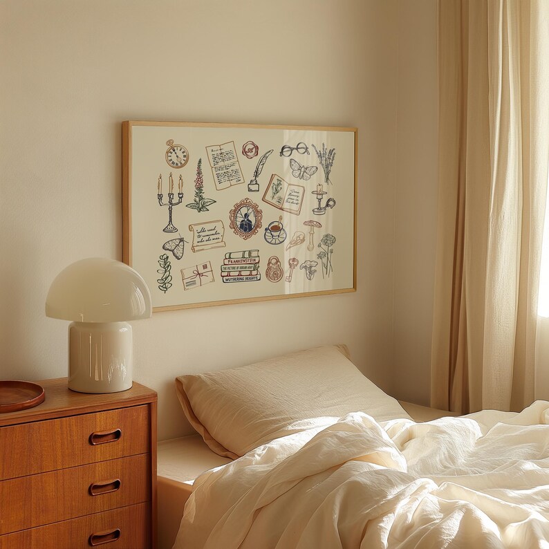 May include: A framed print with a collection of whimsical illustrations, including a clock, butterflies, books, and flowers. The artwork is in a light wood frame, displayed above a bed with cream-colored bedding. A white lamp sits on a wooden dresser.