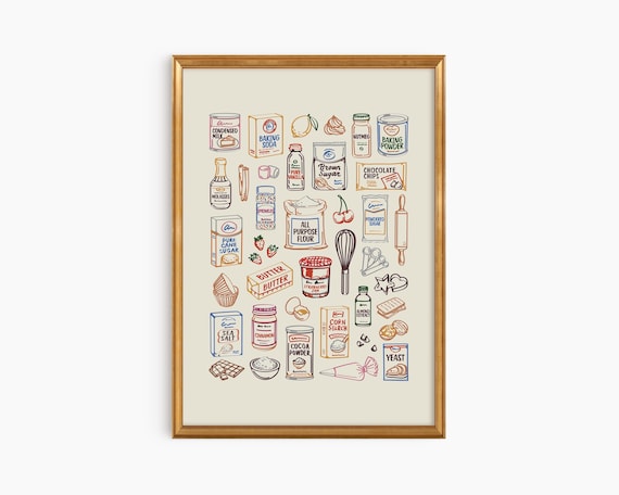Baking Pantry Wall Art, Vintage Kitchen Print, Colorful Bakeware Decor, Pastry Lover Gift, Cottage Bakery Poster