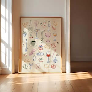 Puede incluir: Una ilustraci&oacute;n colorida de varios art&iacute;culos de comida y bebida, incluyendo copas de vino, una botella de vino, uvas, aceitunas, un cupcake y un tomate. La ilustraci&oacute;n est&aacute; dibujada en un estilo caprichoso con un fondo claro.
