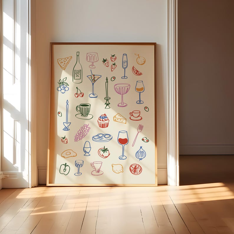 Puede incluir: Una ilustraci&oacute;n colorida de varios art&iacute;culos de comida y bebida, incluyendo copas de vino, una botella de vino, uvas, aceitunas, un cupcake y un tomate. La ilustraci&oacute;n est&aacute; dibujada en un estilo caprichoso con un fondo claro.