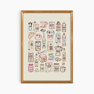 May include: A framed wall art print featuring a collection of colorful line-art illustrations of coffee-related items, including a moka pot, coffee beans, syrup bottles, milk cartons, and various sweeteners, all set against a light beige background.
