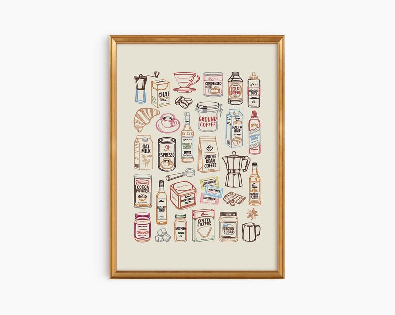 May include: A framed wall art print featuring a collection of colorful line-art illustrations of coffee-related items, including a moka pot, coffee beans, syrup bottles, milk cartons, and various sweeteners, all set against a light beige background.