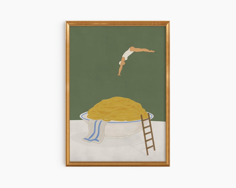 May include: A framed art print featuring a whimsical illustration. A person in a white swimsuit dives towards a large bowl overflowing with spaghetti. A small wooden ladder leans against the bowl, and a blue and white striped towel hangs over the edge.