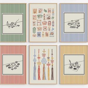 Puede incluir: Seis impresiones art&iacute;sticas enmarcadas de estilo minimalista. Cada impresi&oacute;n presenta un fondo beige con un dibujo lineal negro dentro de un cuadrado blanco. Los marcos tienen rayas verticales de colores en verde, azul, rojo, amarillo y beige.