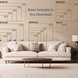 May include: A beige wall displays various rectangular frames with dimensions in inches and centimeters, labeled with aspect ratios and ISO sizes. The text "Sizes Included in this Download" is also present. A white sofa, a round coffee table, and a lamp are in the foreground.