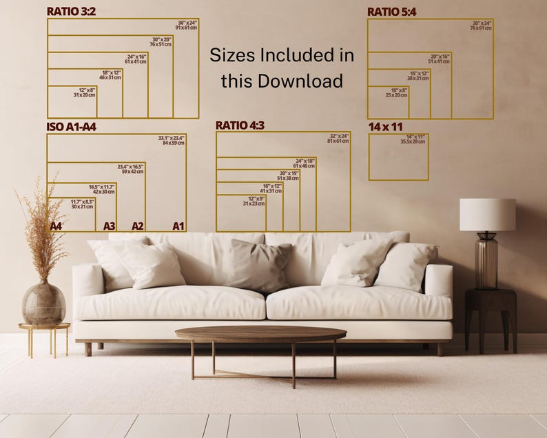 May include: A beige wall displays various rectangular frames with dimensions in inches and centimeters, labeled with aspect ratios and ISO sizes. The text "Sizes Included in this Download" is also present. A white sofa, a round coffee table, and a lamp are in the foreground.