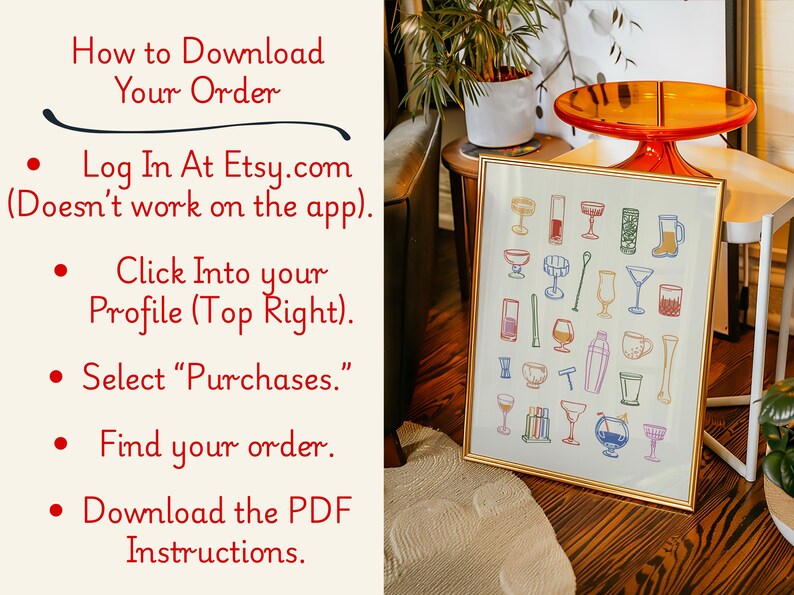 Op de afbeelding: Een ingelijste print met kleurrijke illustraties van cocktailglazen en barbenodigdheden. De print wordt weergegeven op een houten vloer, met tekst aan de linkerkant met de tekst "How to Download Your Order".