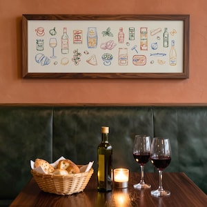 May include: A dining scene featuring a framed artwork of colorful food illustrations above a table. The table holds a basket of bread, a bottle of olive oil, a lit candle, and two wine glasses filled with red wine. The background includes a green leather booth and a reddish-brown wall.