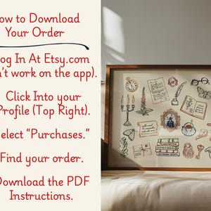 May include: A framed print with a collection of vintage-style illustrations, including a clock, glasses, a butterfly, and a book. The print is in a wooden frame and is displayed on a beige surface. Text on the left side reads "How to Download Your Order".