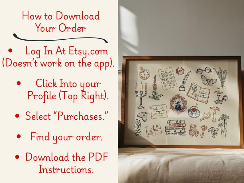 May include: A framed print with a collection of vintage-style illustrations, including a clock, glasses, a butterfly, and a book. The print is in a wooden frame and is displayed on a beige surface. Text on the left side reads "How to Download Your Order".