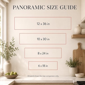 May include: A size guide for panoramic artwork, featuring rectangular outlines with dimensions: 12 x 36 in, 10 x 30 in, 8 x 24 in, and 6 x 18 in. Text reads "PANORAMIC SIZE GUIDE" and "Artwork shown for size comparison only."