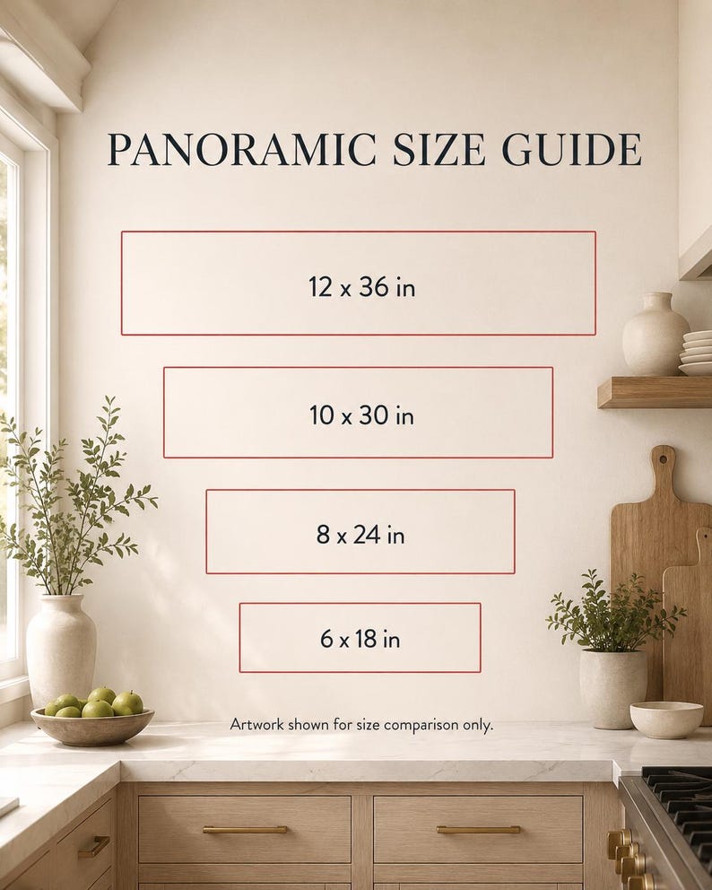 May include: A size guide for panoramic artwork, featuring rectangular outlines with dimensions: 12 x 36 in, 10 x 30 in, 8 x 24 in, and 6 x 18 in. Text reads "PANORAMIC SIZE GUIDE" and "Artwork shown for size comparison only."