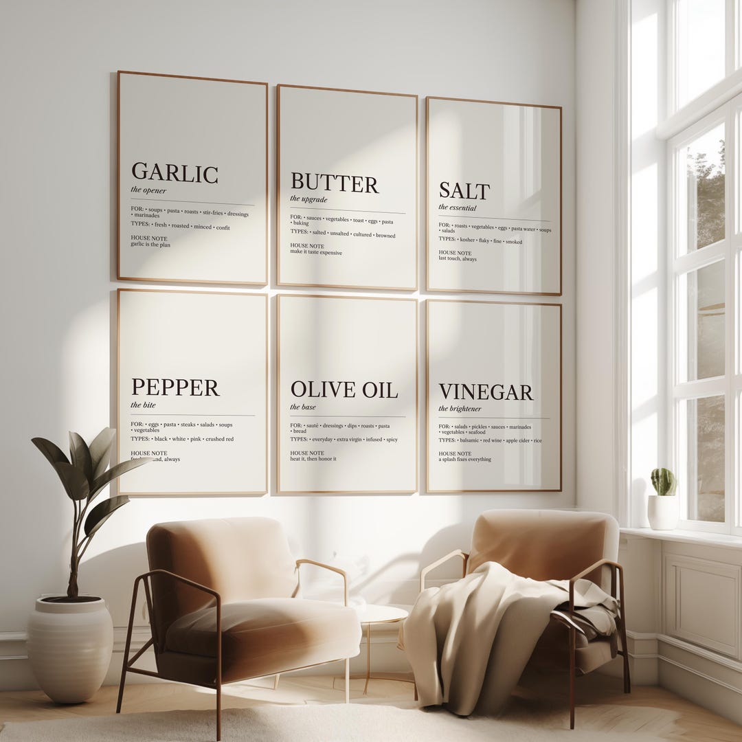 kitchen gallery wall set of 600, kitchen wall art,... Minimal Kitchen Wall Art Set of 6, Modern Bistro Pantry Prints, Cooking ...