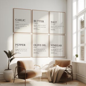Op de afbeelding: Zes minimalistische keukenkunstprints met tekst. De prints zijn gerangschikt in twee rijen van drie, met titels als "GARLIC", "BUTTER" en "SALT". De frames zijn lichtbruin van kleur en de achtergrond is een neutraal gebroken wit.