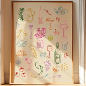 Ingelijste cocktailmuurkunstprint, wijnprint voor fijnproevers, foodkunstposter voor keuken, geïllustreerd eten, uniek barwagendecor, martiniprint