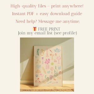 Puede incluir: Una impresi&oacute;n enmarcada con dibujos lineales coloridos de alimentos y bebidas, incluyendo una tetera, una botella de vino y cerezas. El texto en la parte superior dice "High-quality files - print anywhere!" y "Instant PDF + easy download guide."