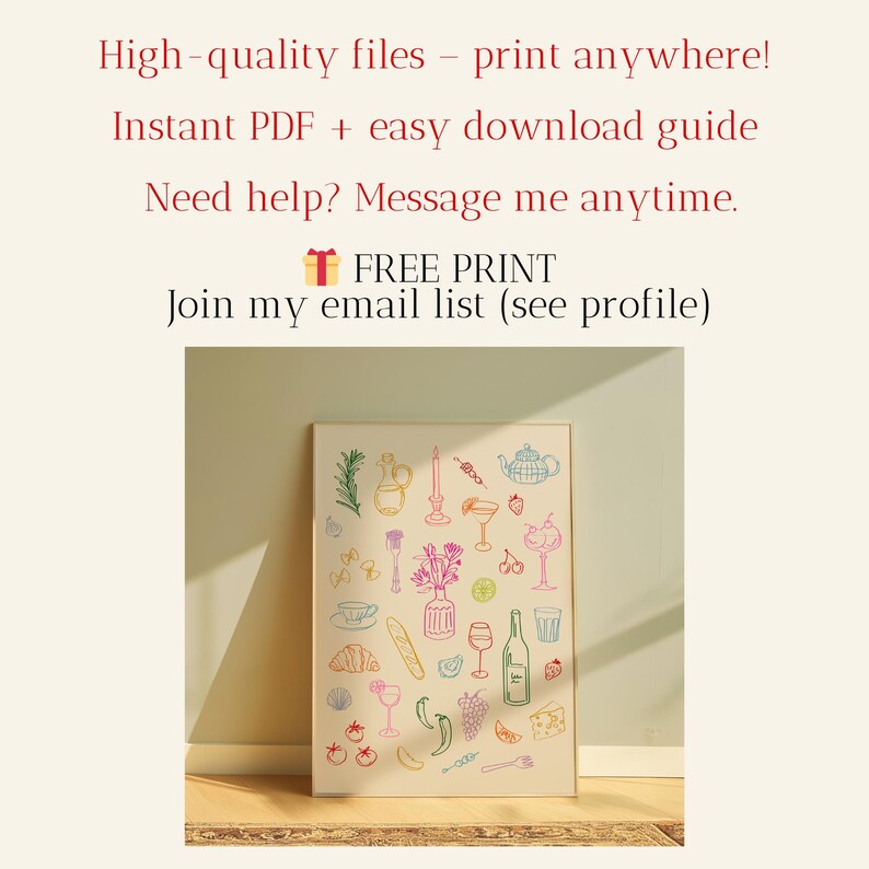 Puede incluir: Una impresi&oacute;n enmarcada con dibujos lineales coloridos de alimentos y bebidas, incluyendo una tetera, una botella de vino y cerezas. El texto en la parte superior dice "High-quality files - print anywhere!" y "Instant PDF + easy download guide."